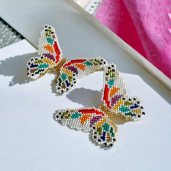 Large Butterfly Earrings Contemporary Multicolor Butterfly Beaded Earrings - Picture 2 of 2
